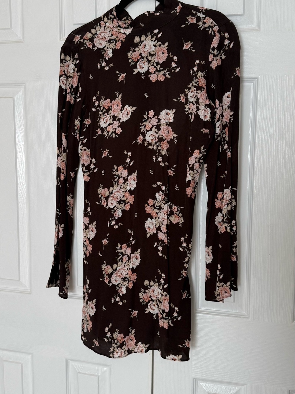 H&M Dark Brown Floral Long Sleeve Mini Dress with Pink Blooms